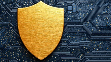 Poster - A digital shield symbolizing cybersecurity, set against a backdrop of circuit board patterns representing technology and protection.