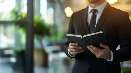 Poster - Focused businessman in a suit reads notes outside an office with green plants, symbolizing growth in business
