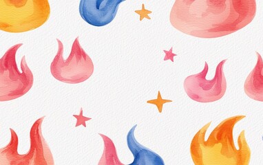Poster - A vibrant watercolor pattern featuring flames and stars in shades of pink, blue, and orange, perfect for creative design projects.