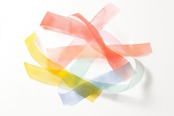 Poster - Colorful, sheer ribbons in pastel tones gracefully swirl on a white background, creating a delicate and artistic aesthetic for creative projects.