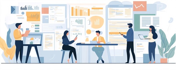 Fototapete - Business people analyzing financial data and developing marketing strategy