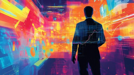 Fototapete - Businessman walking towards digital data flow in futuristic cyberspace
