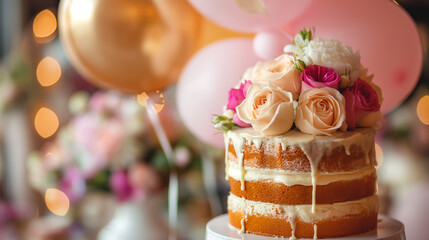 Wall Mural - Close-up of a beautifully frosted birthday cake surrounded by vibrant balloons and floral decorations, creating a cheerful celebration scene perfect for joyful birthday themes.

