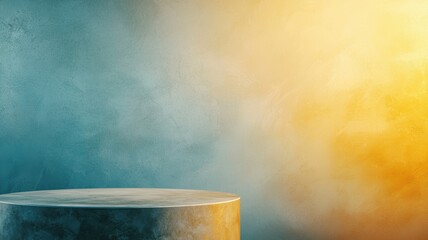 Poster - Luxurious Marble Pedestal with Dramatic Lighting Inside a Metal Enclosure, Showcasing Ample Space for Display and Focus in Vibrant Colors