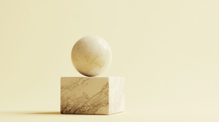 Poster - Abstract geometric sculpture featuring a marble sphere atop a square pedestal, set against a minimalist clean background emphasizing elegance and artistic expression.