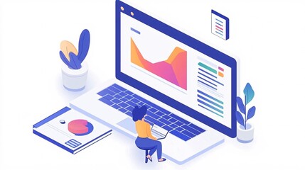 Leinwandbilder - Businesswoman working with laptop and analyzing statistics on big screen display