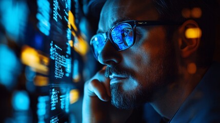 Poster - Programmer working late at night analyzing code on computer screen