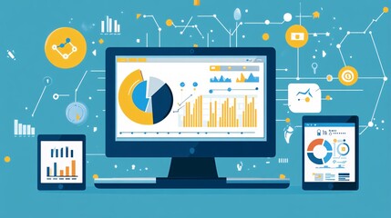 Aufkleber - Data analysis displayed on multiple devices showing charts and graphs