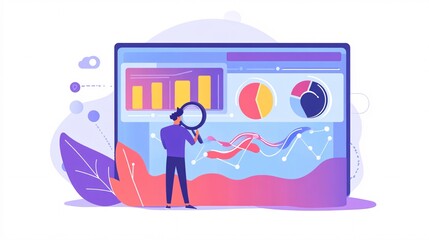 Poster - Businessman analyzing financial data with magnifying glass and charts on computer screen
