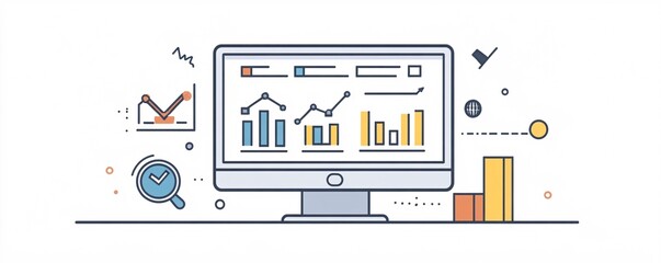 Poster - Computer showing growing bar and line charts representing business success