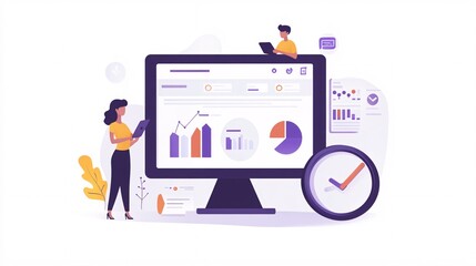 Leinwandbilder - Business people analyzing data on computer screen: project management and teamwork concept