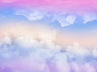 Wall Mural - beauty sweet pastel orange and violet colorful with fluffy clouds on sky. multi color rainbow image.