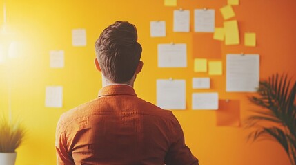 Poster - Creative entrepreneur planning business strategy using notes on wall