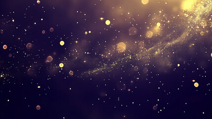 Abstract, dark and mysterious background with shimmering golden bokeh lights and floating particles. Perfect for creating elegant and luxurious designs.