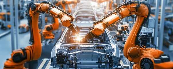 Poster - Robotic arms assembling electric car in automated manufacturing factory