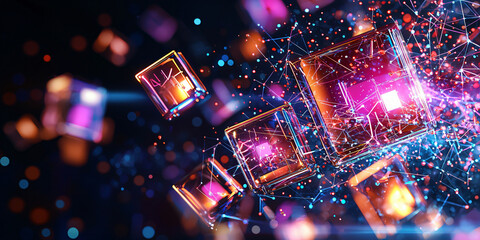 Aufkleber - A vibrant, abstract depiction of glowing cubes interconnected by luminous particles, showcasing a futuristic digital landscape