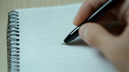 Aufkleber - Close up of a hand holding a black pen writing on a spiral bound notebook placed on a wooden desk, capturing the moment of creating notes or a letter