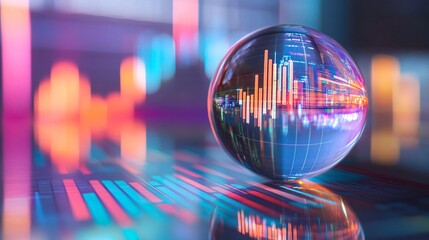 Poster - Crystal ball showing growing bar graph reflecting on financial charts in futuristic background