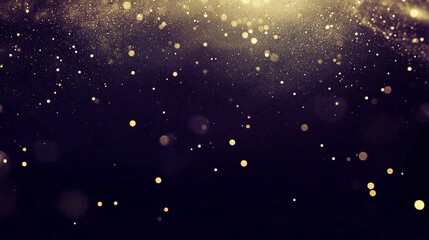 Abstract, dark and mysterious background with shimmering golden bokeh lights and floating particles. Perfect for creating elegant and luxurious designs.