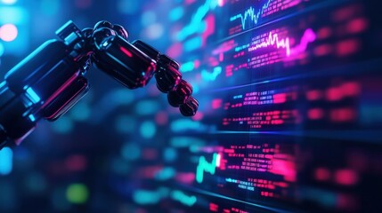 Poster - Robotic arm analyzing digital data with neon graphs and futuristic interface in technology-driven environment.