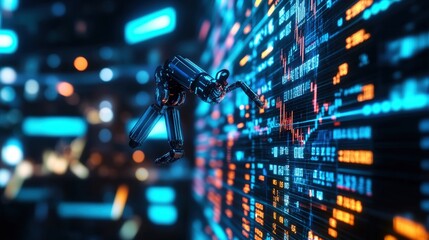 Poster - Robotic hand analyzing data on a digital screen, representing advanced technology and artificial intelligence.