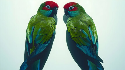 Naklejka na meble Two green and blue parrots with red heads on a white background.