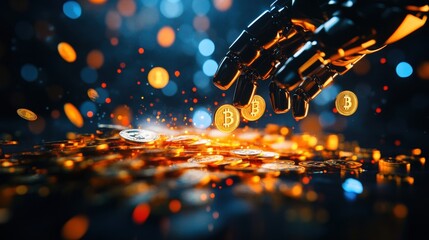 Poster - Robotic hand interacting with digital bitcoins in a dynamic, futuristic setting with vibrant lights.