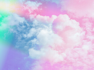 Wall Mural - beauty sweet pastel pink and green colorful with fluffy clouds on sky. multi color rainbow image. ab