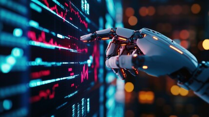 Poster - Robotic hand interacting with digital data on a futuristic screen, showcasing advanced technology.