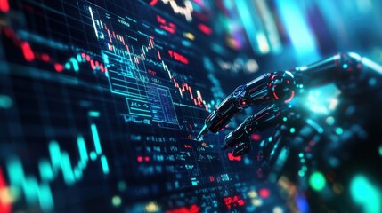 Poster - Robotic hand interacting with digital financial data on a futuristic screen, depicting advanced technology and innovation.