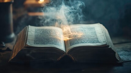 Poster - Open Book Casting Mystical Spell - Vintage Literature Study, Magical Smoke Tendrils Rising from Aged Tome on Antique Wooden Table