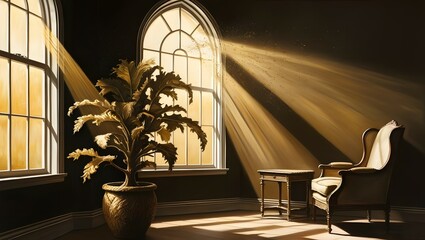 Aufkleber - Sunlight streaming through windows cozy room interior photography warm atmosphere serene view home decor concept