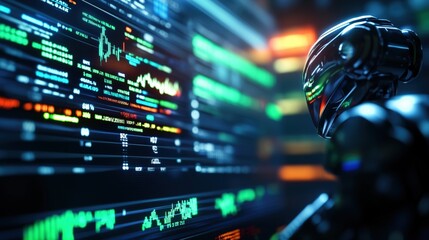 Poster - A futuristic robot analyzing data on multiple screens in a high-tech environment. AI concept in action.