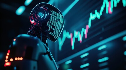 Poster - AI robot analyzing rising digital stock market trends on a futuristic interface with glowing graphs and charts.