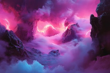 Wall Mural - A Surreal Landscape of Rocky Mountains Under a Pink and Purple Sky with Lightning