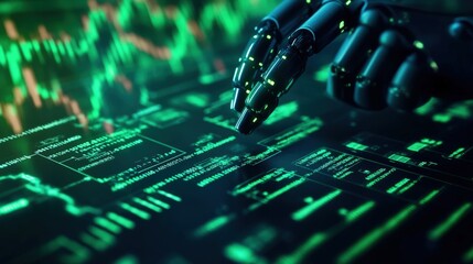 Poster - Artificial intelligence analyzing data on a digital interface with robotic hand and glowing graphs.