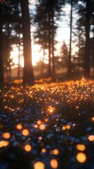 Wall Mural - a magical, golden glow illuminates the forest floor as the sun sets, casting a dreamy ambiance.