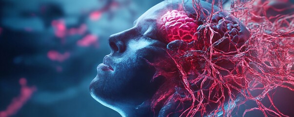 Poster - Human brain connected to roots growing and expanding creating consciousness