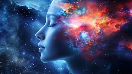 Poster - Woman exploring the universe with her mind: nebula clouds and stars emerging from head