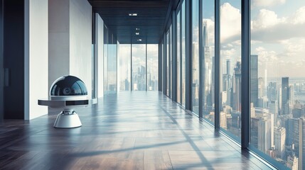 Poster - A futuristic, dome-shaped robot stands in an empty office hallway with large windows overlooking a cityscape.
