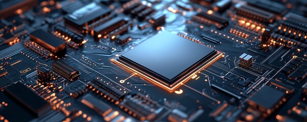Poster - Cpu is glowing on motherboard with pcbs and microchips