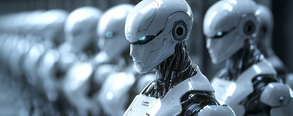 Leinwandbilder - White robots standing in a row with blue glowing eyes