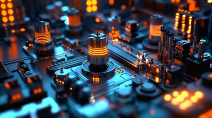 Poster - Futuristic glowing microchip illuminating complex circuitry and electronic components