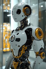 Leinwandbilder - Futuristic white and gold robot standing in a server room