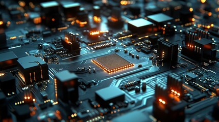 Fototapete - Cpu is glowing on a futuristic printed circuit board with components