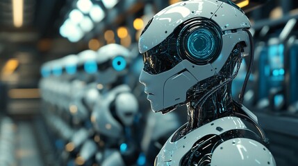 Leinwandbilder - Humanoid robots standing in a row in a futuristic factory setting