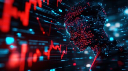 Poster - Digital human silhouette with red data streams and graphs, symbolizing artificial intelligence and data analysis.