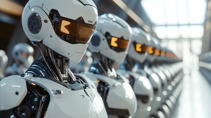 Leinwandbilder - White robots standing in a row in a bright industrial building