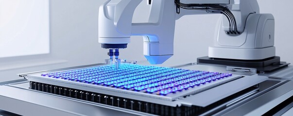 Poster - Robotic arm processing microchips on production line in modern factory