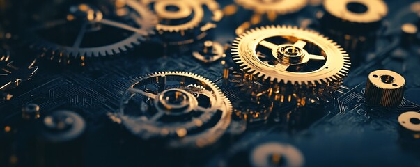 Aufkleber - Golden gears rotating on circuit board: technology and innovation
